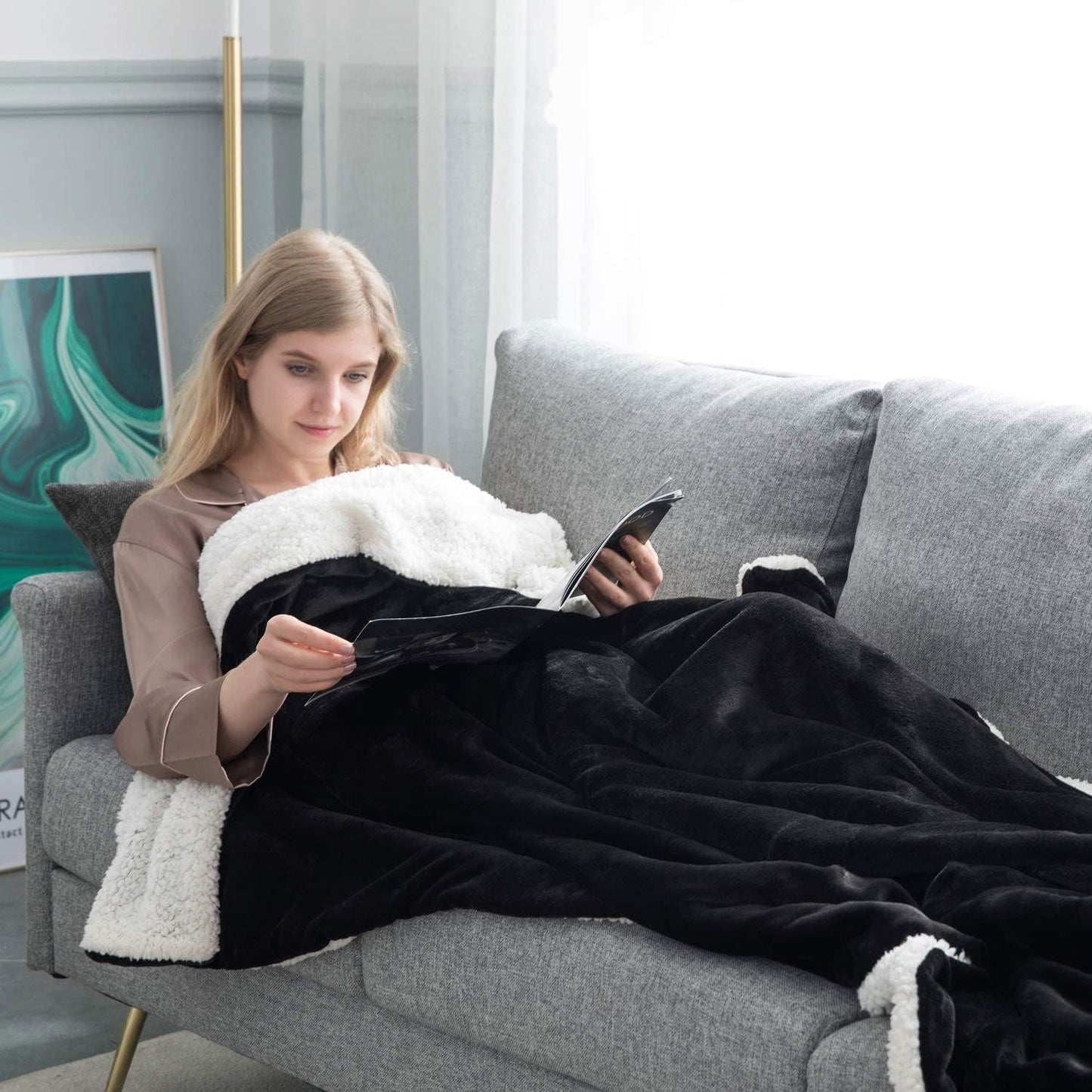 IR Imperial Rooms Sherpa Fleece Throw Blanket Twin Size for Couch - Thick and Warm Fluffy Black Blankets for Winter, Soft and Fuzzy Twin Blanket for Bed, 60x80 Inches