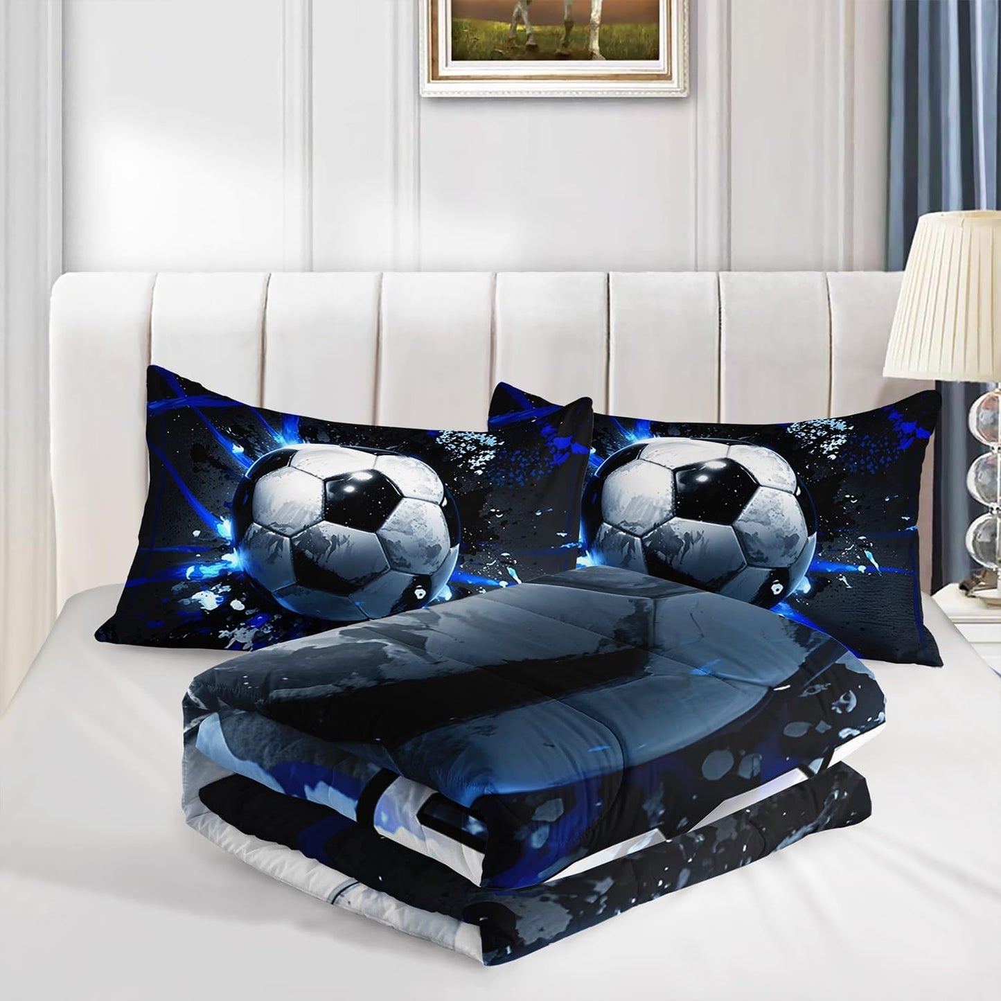 Football Comforter Set King Size,Balls Game Pattern Kids Comforter for Boys Girls Teens Soccer Room Decor,Sports Themed Football Court Bedding Sets with 2 Pillowcases.