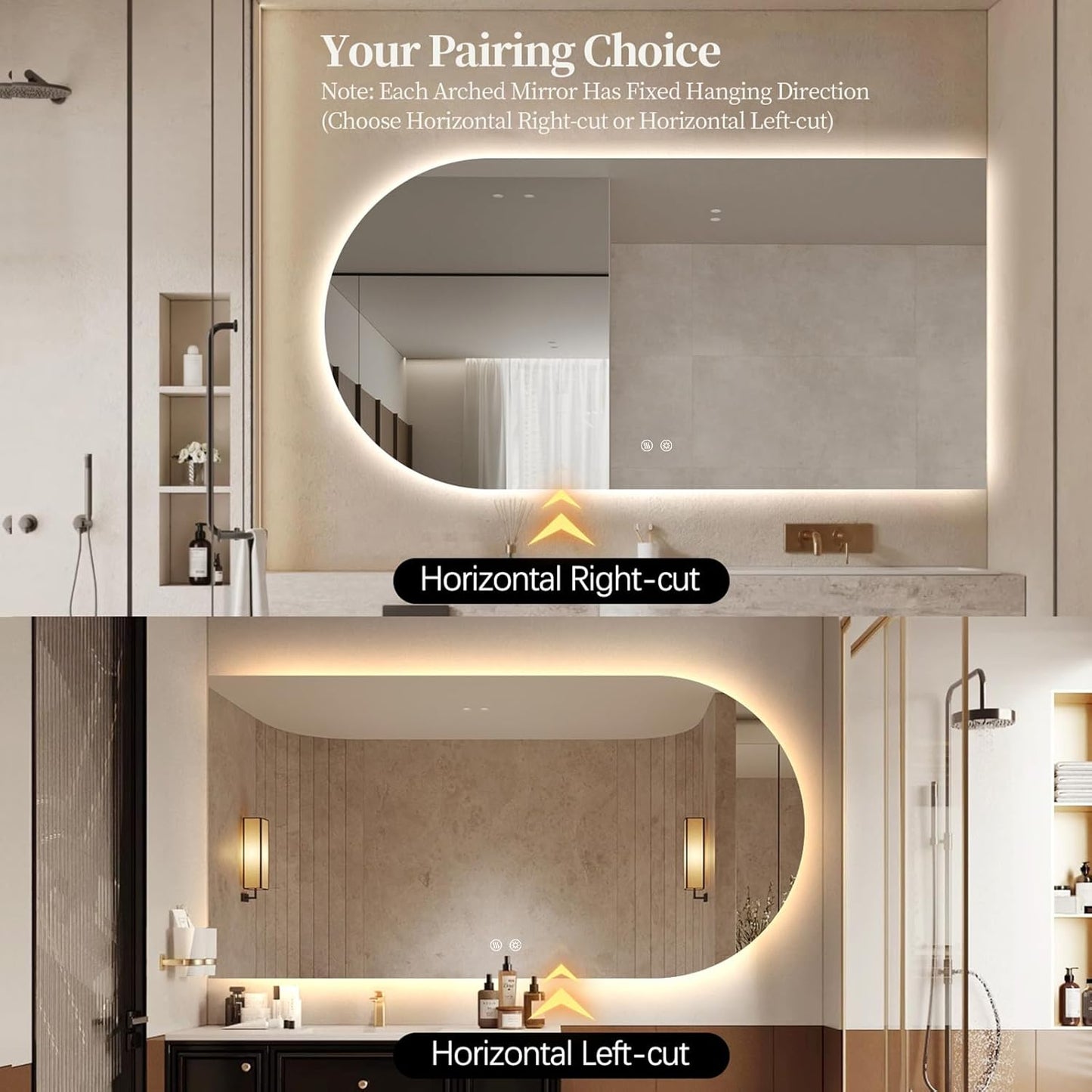 Arched LED Bathroom Mirror, 40"x24" Arch Framless Backlit Mirror with Lights Vanity Mirror for Makeup, Anti-Fog, Dimmable, 3-Color, Memory Function, IP65 Waterproof, UL Listed, Horizontal-Right