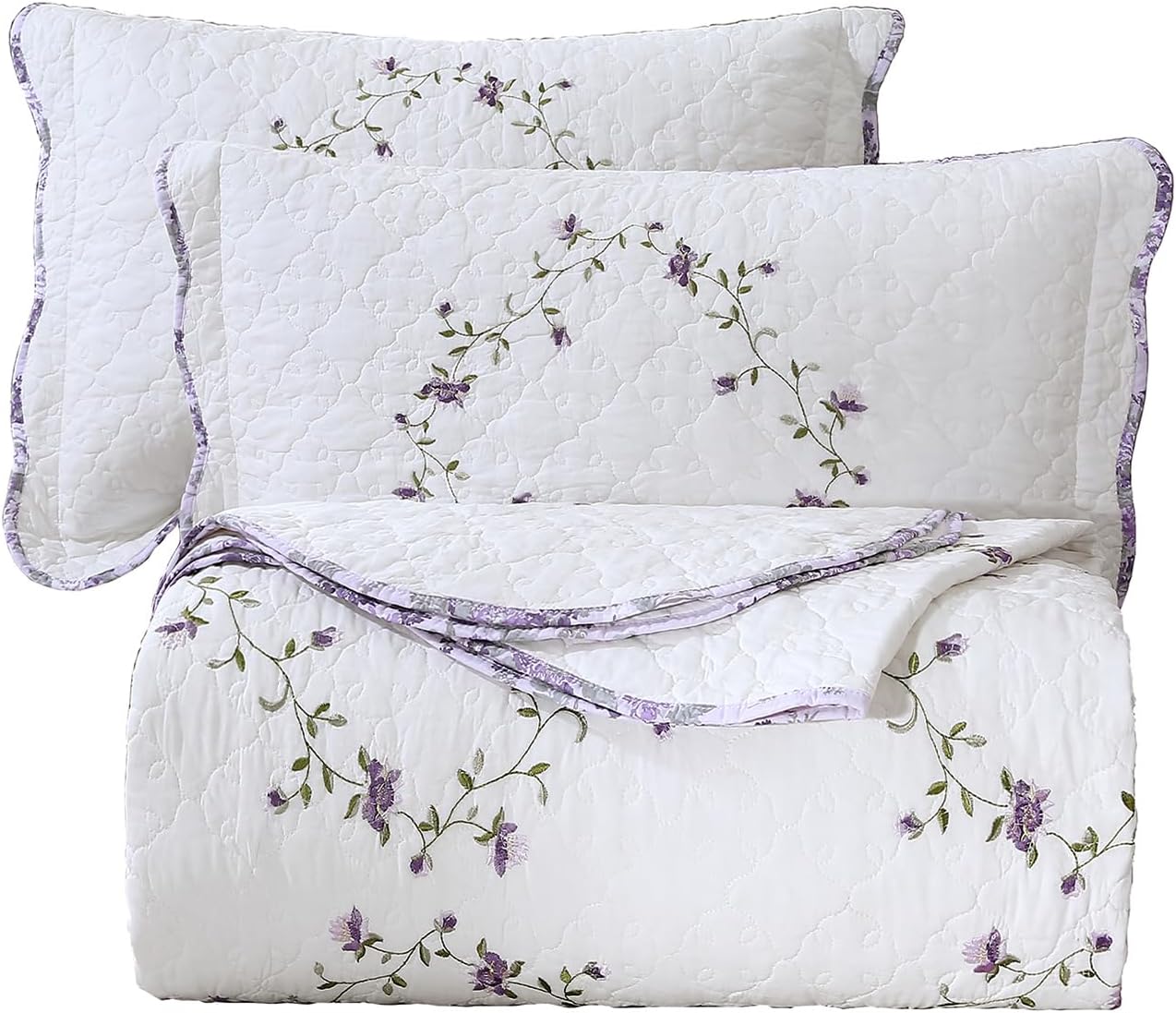 vctops 3-Piece Elegant Floral Embroidered Bedspread Coverlet Set King Size 100% Cotton Reversible Patchwork 1 Quilt and 2 Pillow Shams (Purple,King)
