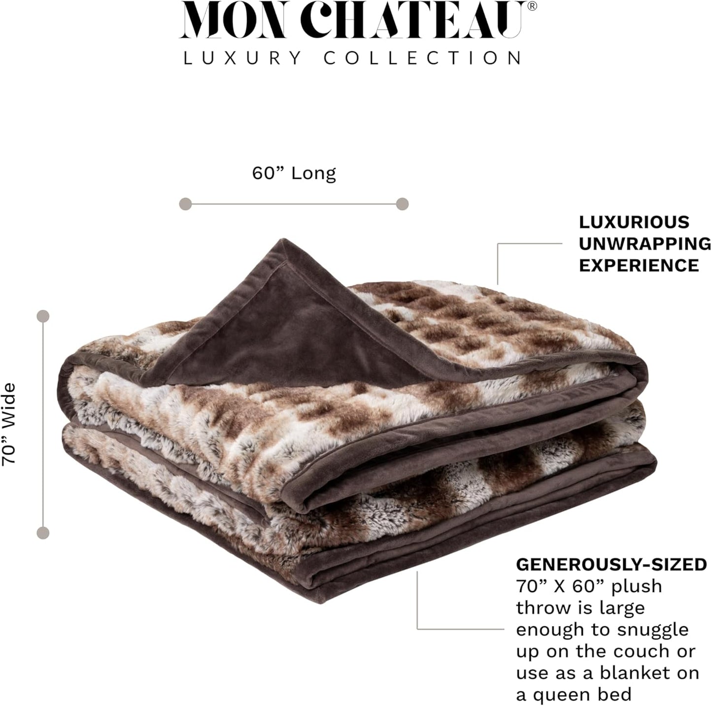 Mon Chateau 60" x 70" Reverie Faux Fur Throw, Reversible Soft Blanket for Queen-Size Bed, Couch, or Sofa, Cozy Home Decor and Stylish Living Room Comfort, Cedarwood Ruched
