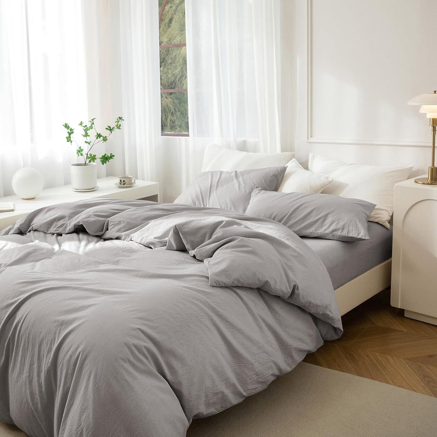 JIYUAN 100% Washed Cotton Duvet Cover Set 3 Pieces Queen, 1 Duvet Cover 90x90 Inches(Comforter Not Included) and 2 Pillowcases,Linen Feel Bedding Set Comfy and Breathable, Heathered Pastel Grey