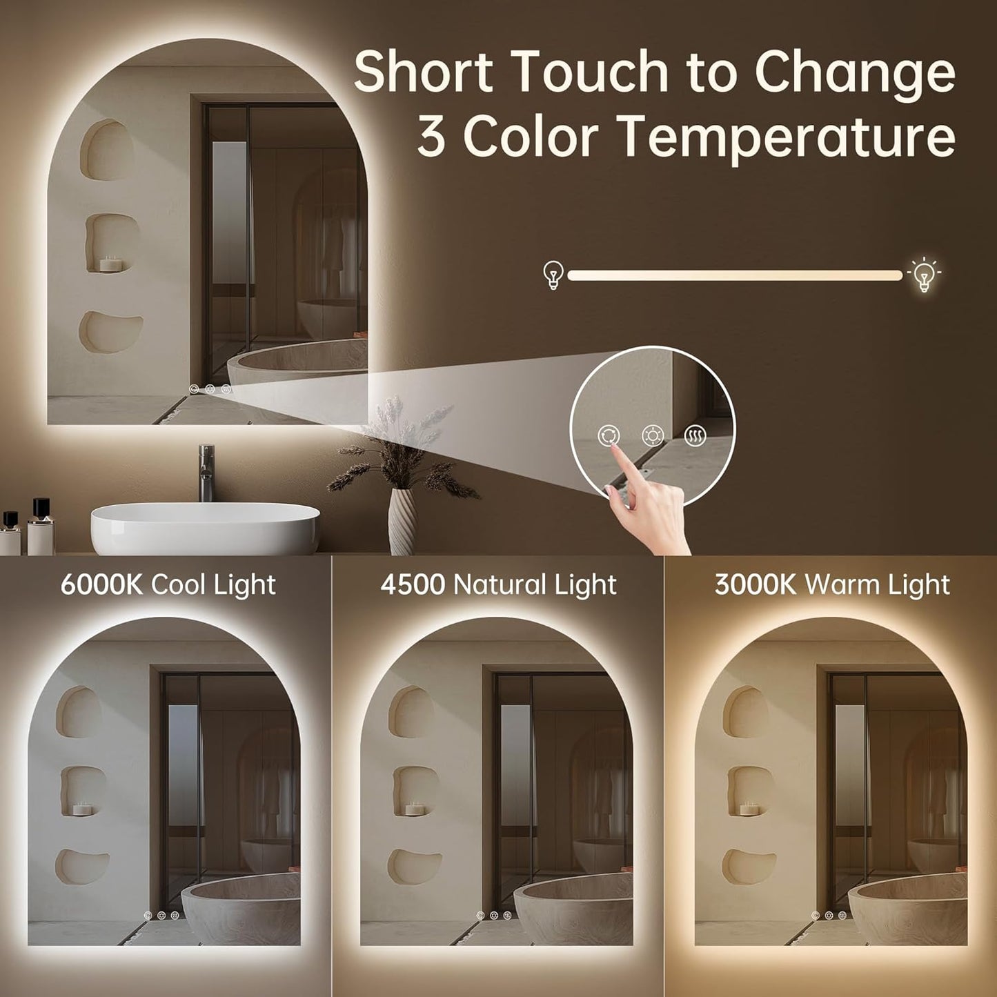 Arched Backlit Mirror Bathroom 30"x36"- Frameless LED Bathroom Mirror with Lights, Fogless, Dimmable, 3 Color Changing, Shatterproof, Touch Sensor