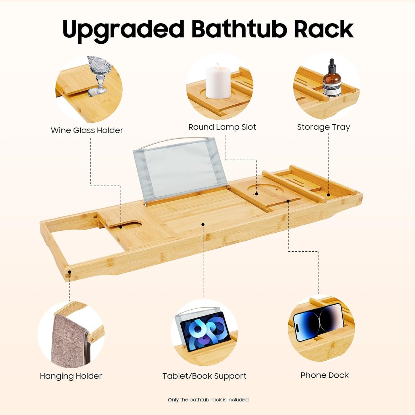 Bathtub Tray, Expandable Bamboo Bath Tray Wood Bath Caddy with Wine Glass Holder, Book & Tablet Stand for Bathroom Accessories Spa Relaxation Housewarming & Wedding Gift