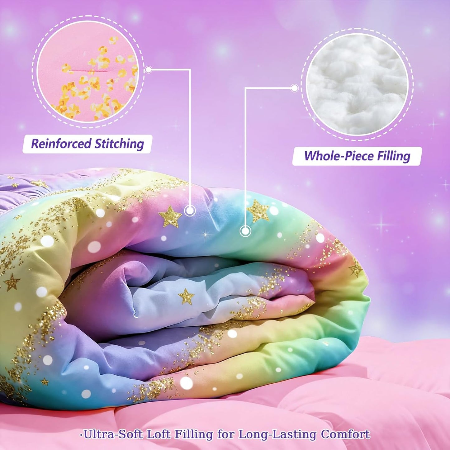 Rainbow Bedding Set Full Size – 6-Piece Reversible Girls Comforter with Deep-Pocket Sheet, Gradient Galaxy Design, Whole-Piece Filling, Machine Washable Bed-in-a-Bag for Kids Room Makeover & Gifts