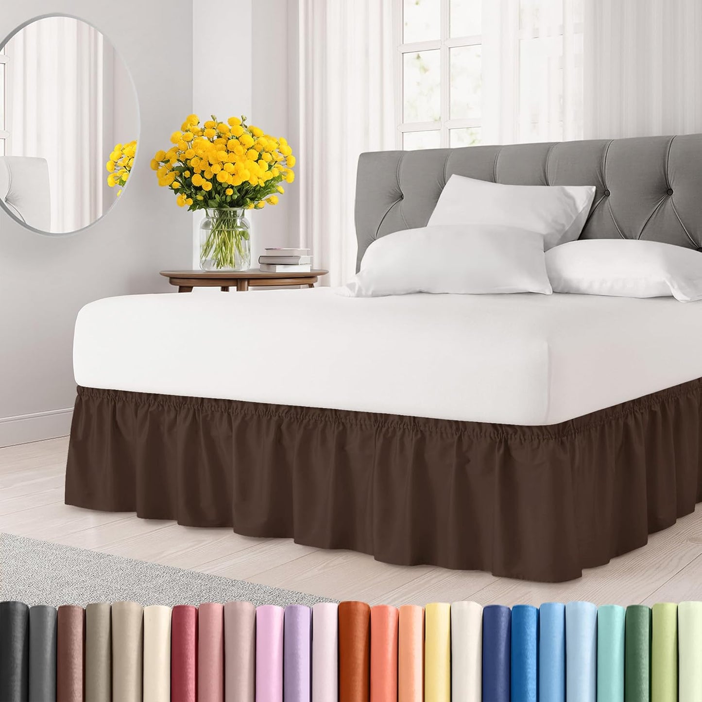 Wrap Around Dust Ruffle Bed Skirt - Brown - for Queen Size Beds with 15 Inch Drop - Easy Fit Elastic Strap - Adjustable Pleated Bedskirt w/Brushed Fabric - Wrinkle Free - for Women, Men, Kids & Teens
