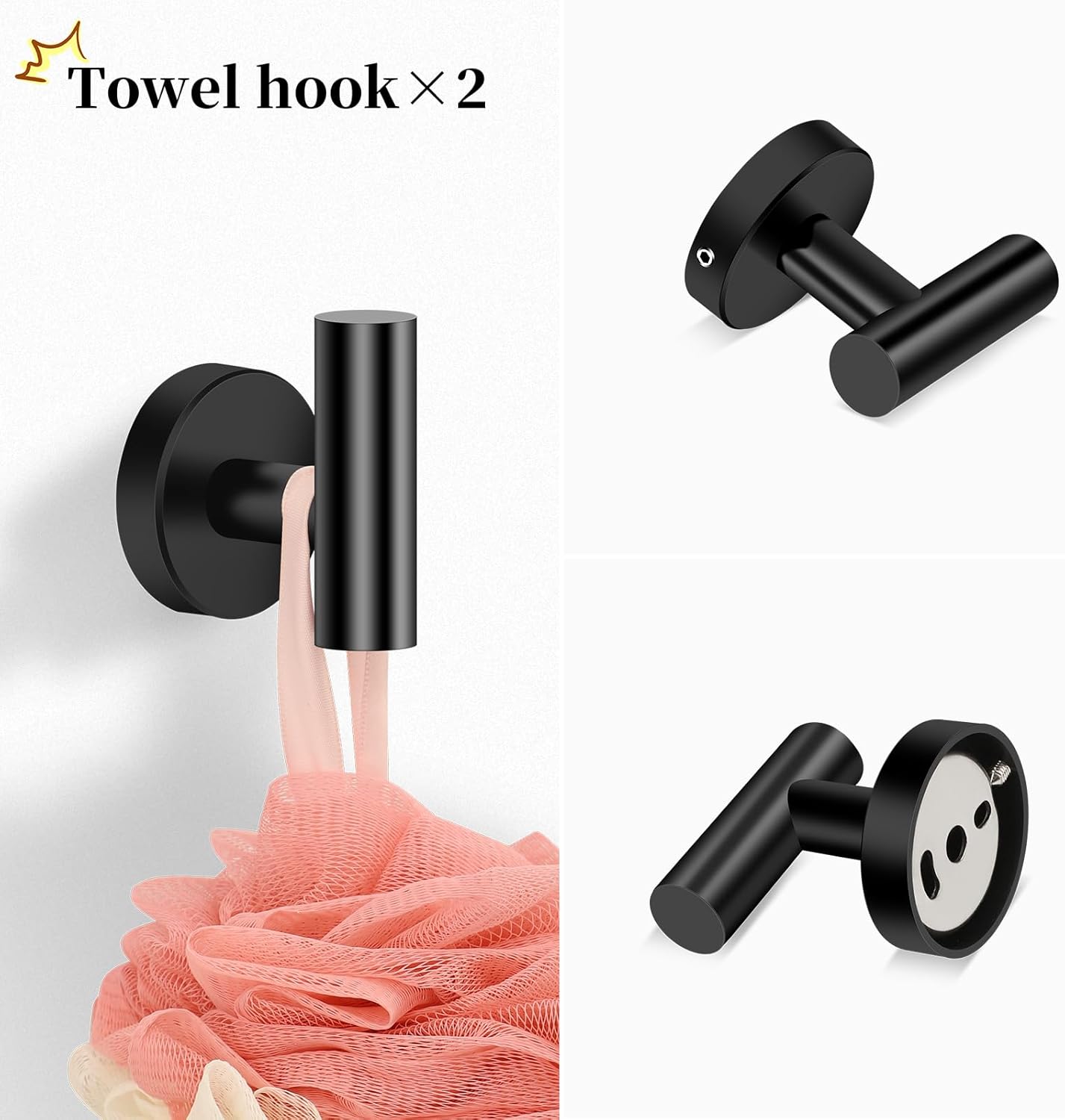 4 Piece Matte Black Stainless Steel Bathroom Hardware Set Include Hand Towel Ring, Toilet Paper Holder,and 2 Robe Towel Hooks,Bathroom Accessories Kit