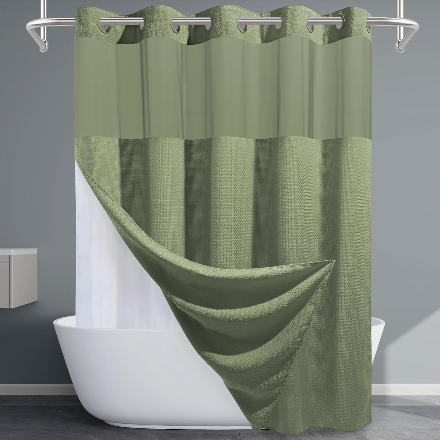 Sage Green Hotel Shower Curtain - 230GSM Waffle Textured Heavy Duty Thick Fabric Shower Curtains for Bathroom,71W x 74H