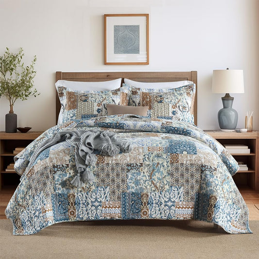 ENASAL Cotton Bedspread Quilt Bedding Sets Reversible Coverlet Comforters Blue Bohemian Rustic Floral Patchwork Pattern Bedspread for All Season,Queen Size