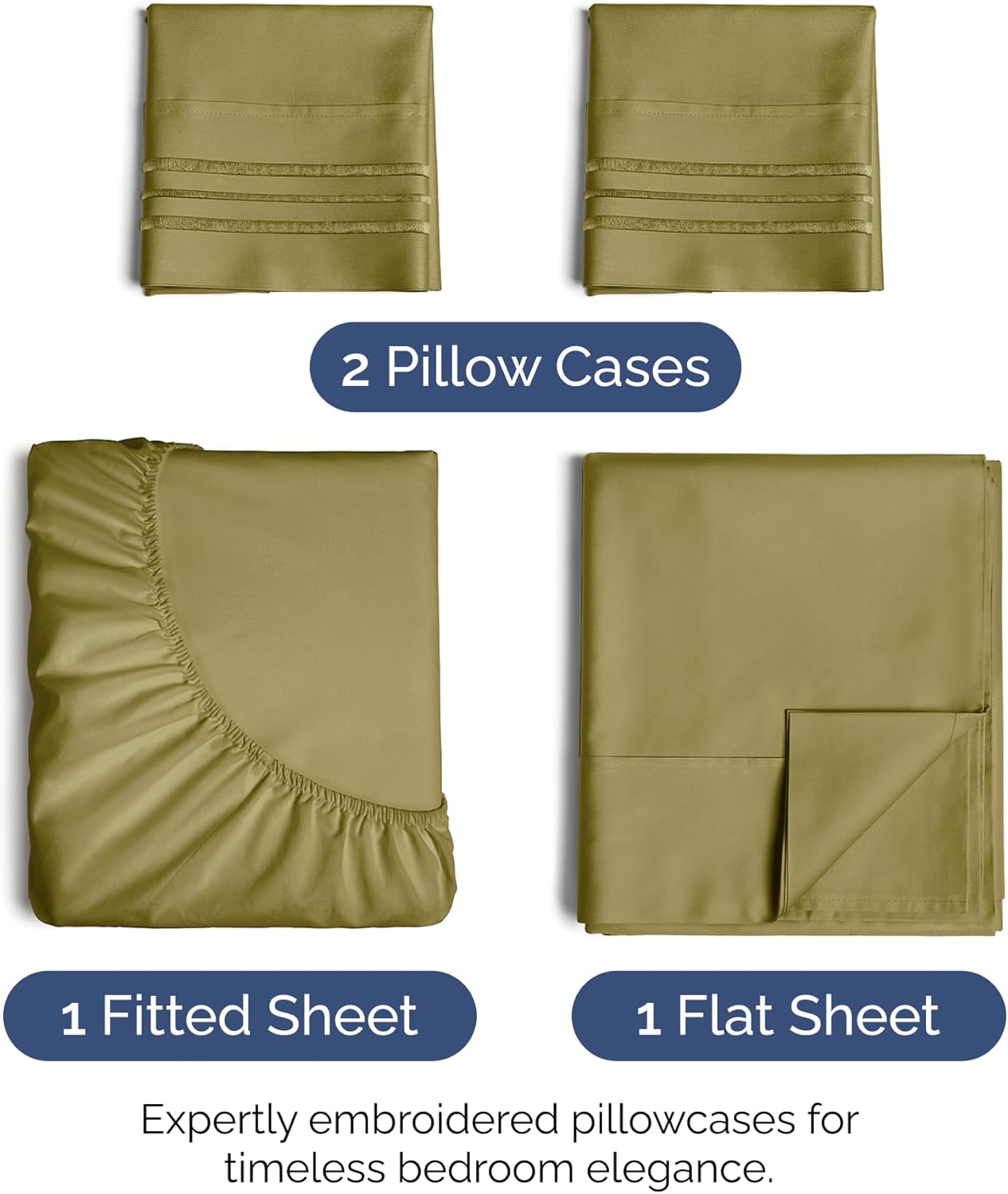 King Size 4 Piece Sheet Set - Extra Soft, Breathable and Cooling - Hotel Luxury Durable Bed Sheets for Women & Men - Deep Pockets, Easy-Fit & Wrinkle-Free - Olive Yellow Oeko-Tex