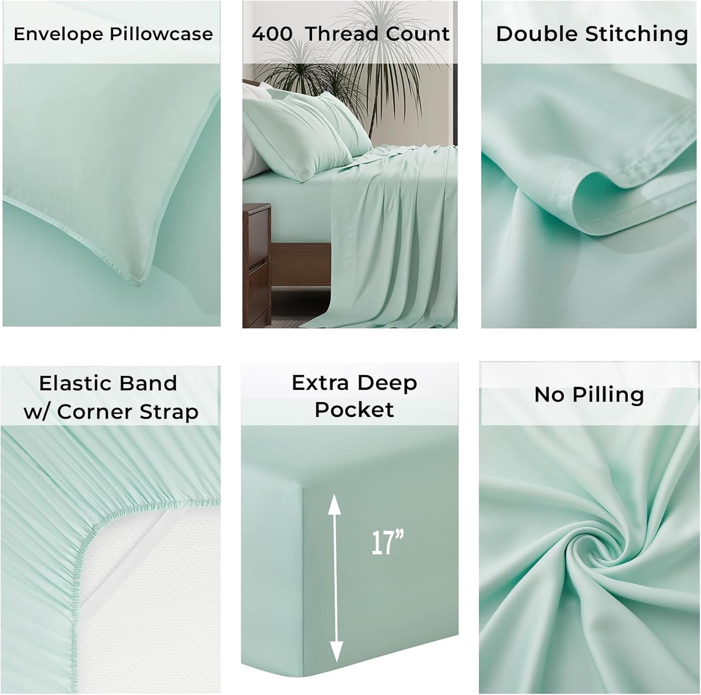 Luxury Bamboo Market | Queen Size Bed Sheet Set | 100% Viscose Made from Bamboo | Organically Grown | Ultra Soft | Cooling Sheets for Hot Sleepers | 17" Deep Pocket [Coastal Green]