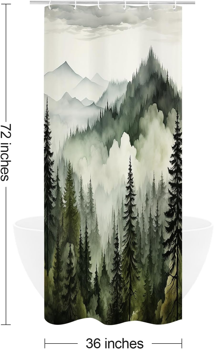 Dark Green Small Stall Misty Pine Forest Shower Curtain 36 x 72, Mountain Foggy Woodland Scenery Tree Narrow Half Size Shower Curtains for Bathroom, Abstract Waterproof Nature-Themed Decor