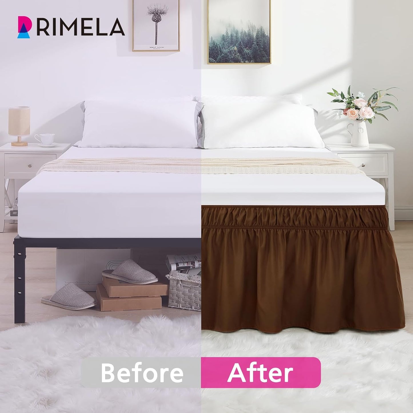 RIMELA Bed Skirt Queen Size 18 Inch Drop, Elastic Bed Skirting for Bed Base and Frame, Bedding Dust Ruffle Easy to Install,Wrap Around Adjustable Bedskirt, Chocolate Brown