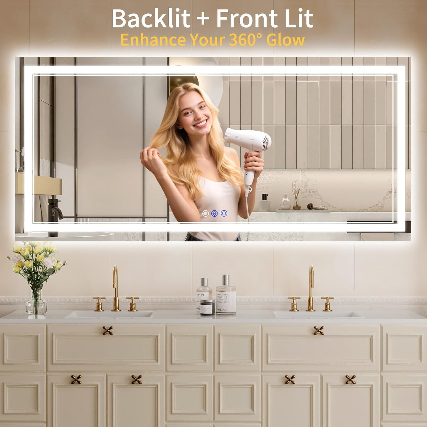 28"x60" LED Bathroom Mirror with Lights, Anti-Fog, Backlit + Front Lit, Dimmable, Led Vanity Mirror for Wall, Lighted Bathroom Mirror, 3 Colors, Shatter-Proof Tempered Glass