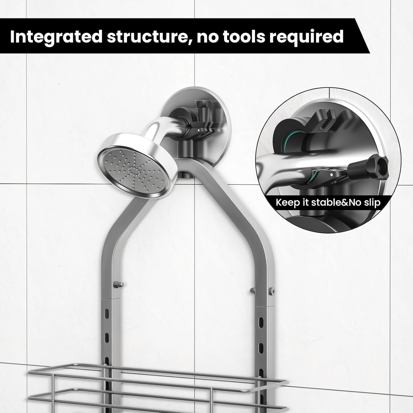 Shower Caddy Hanging (Silver), Adjustable Anti-Swing-Over The Shower Head Caddy, 3 Tier Height Bathroom Storage Organizer, Bathroom Shelves Basket Rack, Shower Caddies Rack with Adjustable Soap Basket