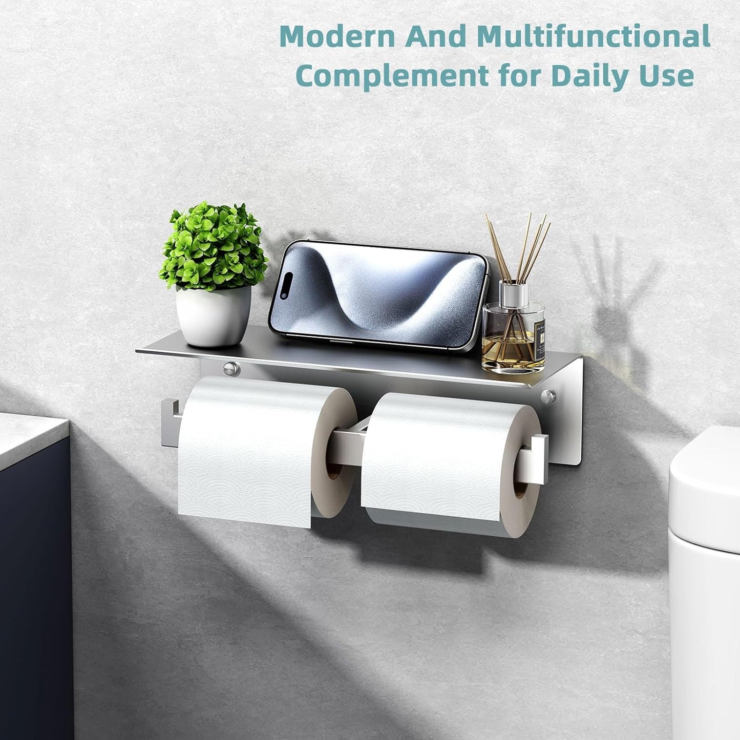 Angle Simple Double Toilet Paper Holder with Shelf, SUS 304 Stainless Steel Bathroom Lavatory Toilet Tissue Roll Holder Wall Mount, Brushed Nickel