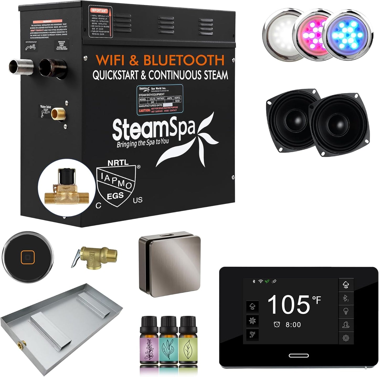 SteamSpa Steam System 6kW Steam Shower Generator with Bluetooth Wifi, Quickstart Continous Steam, Advanced Touch Pad Screen, Chroma Lights, Drain Pan and Auto Drain Brushed Nickel RVBS600BN-A