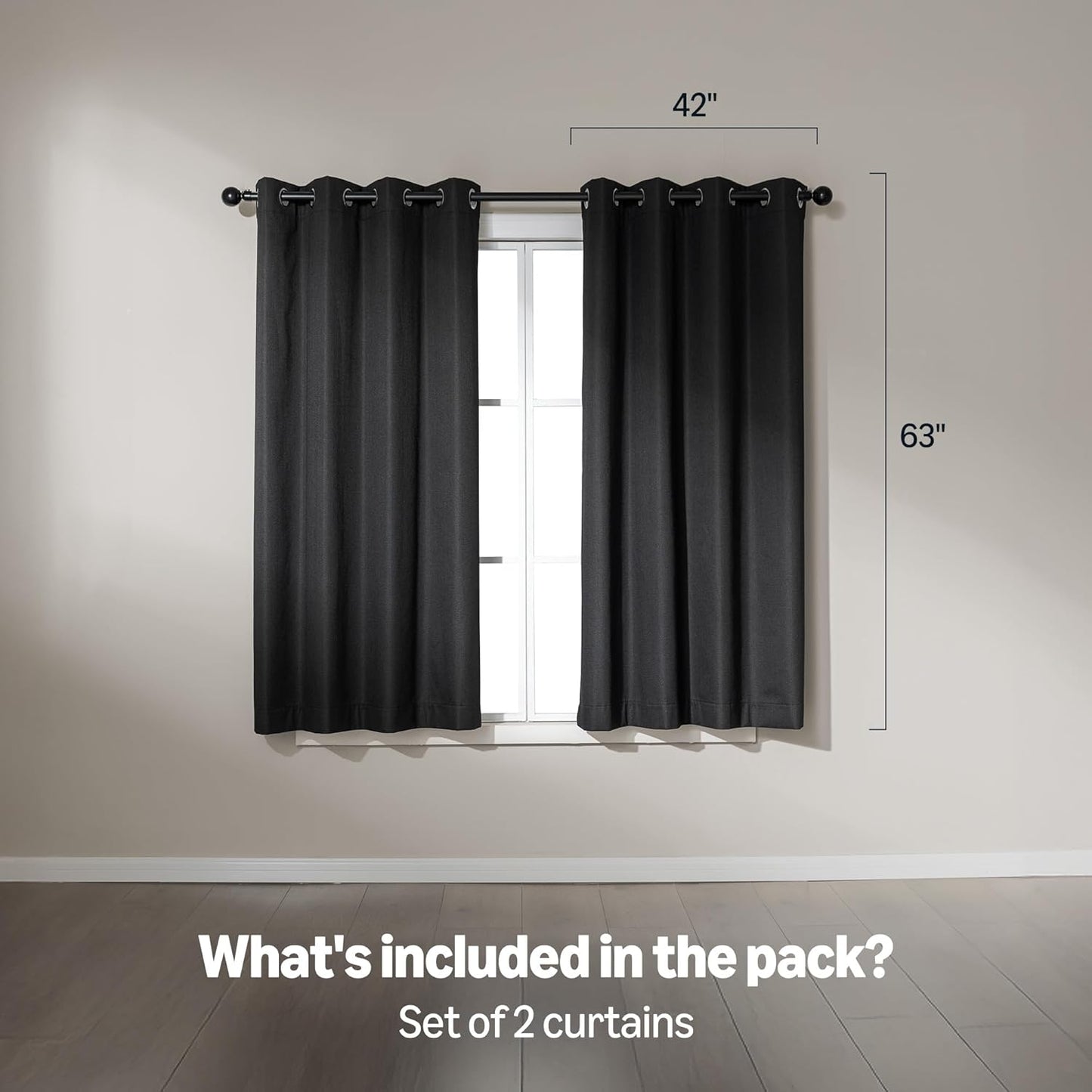 Amazon Basics Faux Linen Blackout Curtains for Bedroom and Living Room, 2-Piece Set with Grommets, 42" W x 63" L, Black