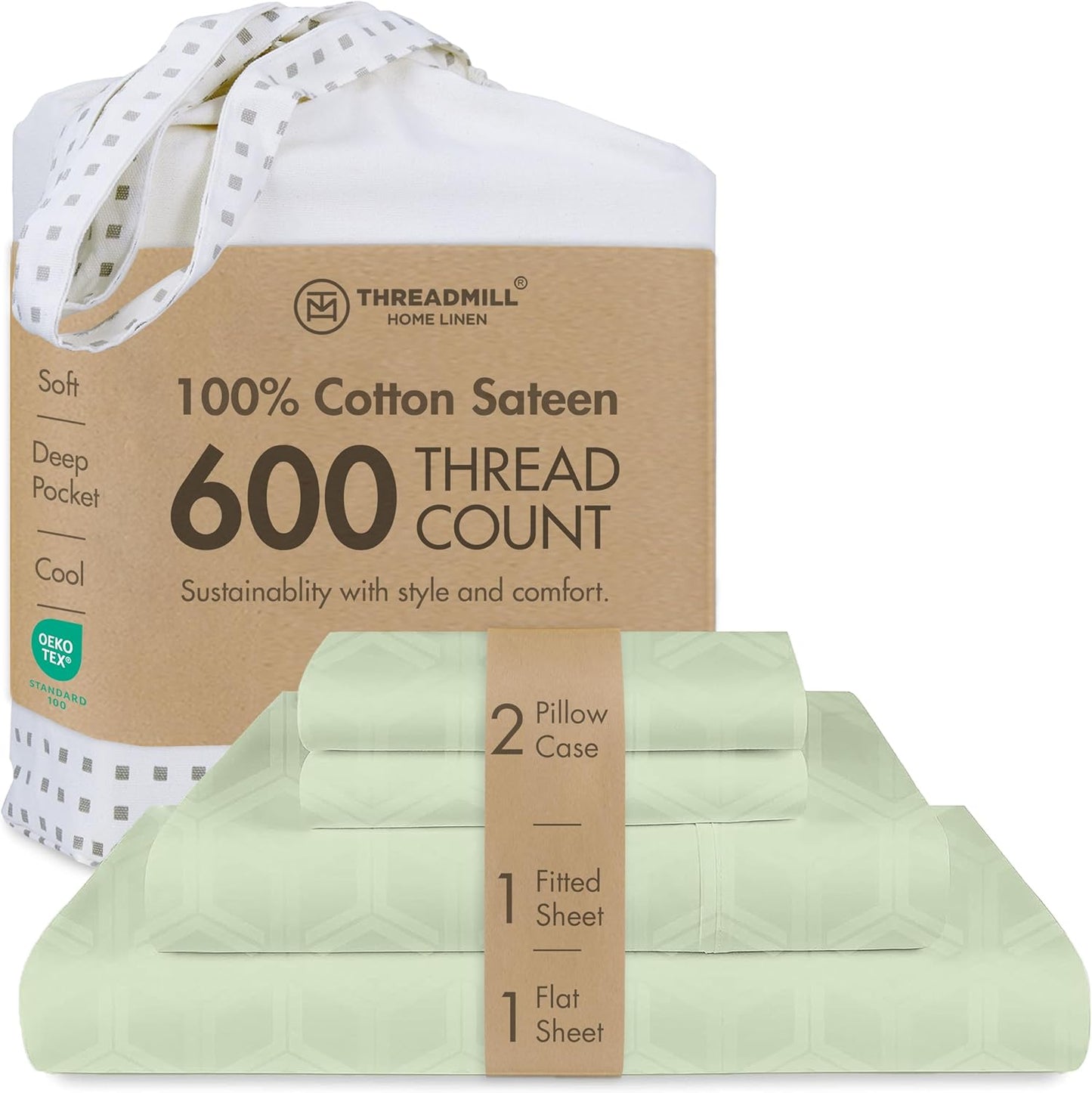 Threadmill 100% Cotton Sheets for King Size Bed - 600 Thread Count King Bed Sheets Set with 16” Deep Pocket - Jacquard Sateen Weave 4-Piece Bedding Set with Cooling Effect, Sage Green