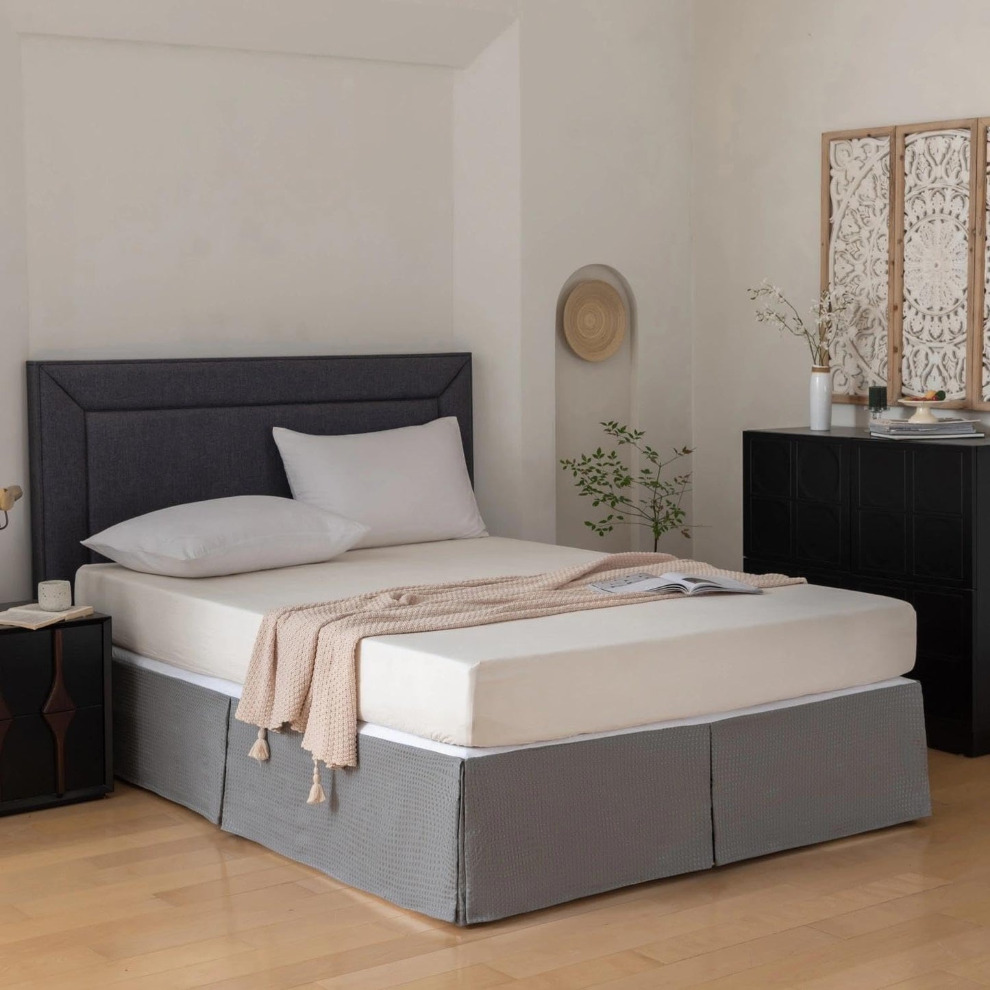 King Bed Skirt, Wrap Around Bed Skirt with Pleated Corner, 12 Inch Drop Pleated Waffle Weave Bedskirts, Anti-Slip, Microfiber, Grey, 12'' King