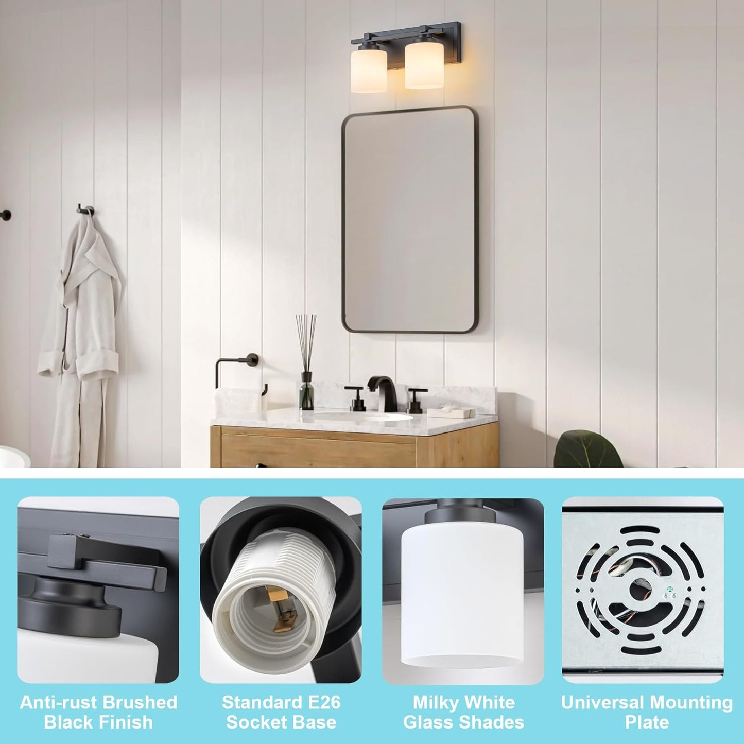 2 Light Modern Bathroom Light Fixtures Over Mirror, Black Vanity Lights for Bathroom Wall Sconces with Milky White Glass Shades, E26 Socket (Bulbs Not Included)