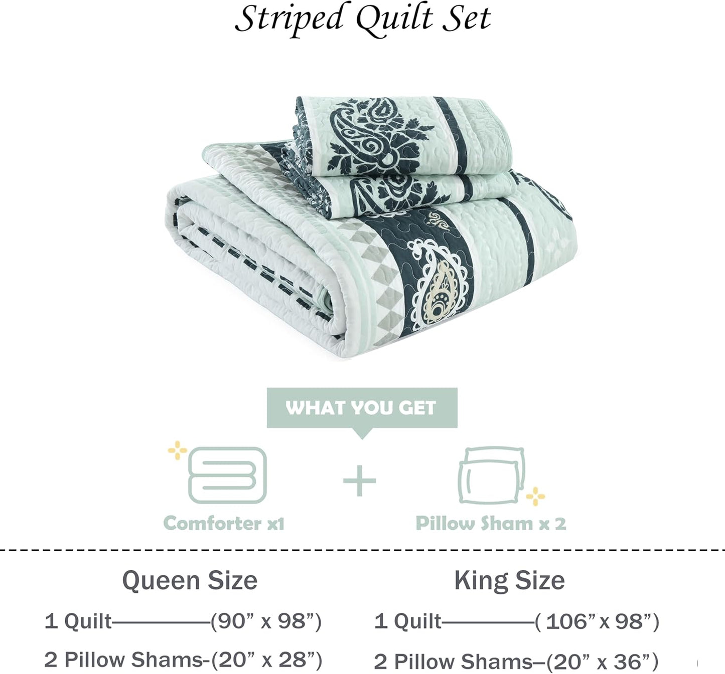 Green Quilt King Size, Cotton King Size Comforter Set, Striped Pattern Bedding, Green King Bedspread, Lightweight Reversible Coverlet All Season
