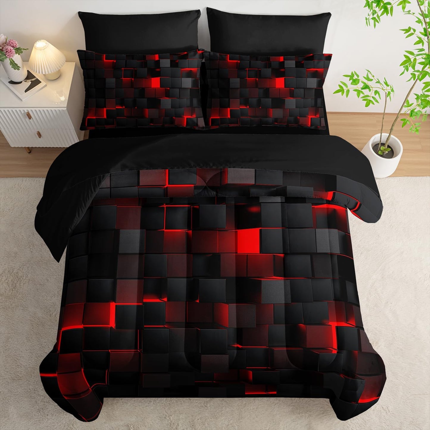 7pc Black & Red Comforter Set Twin - 3D Cube Bed in a Bag, Geometric Pattern, Soft Microfiber Bedding, All Season