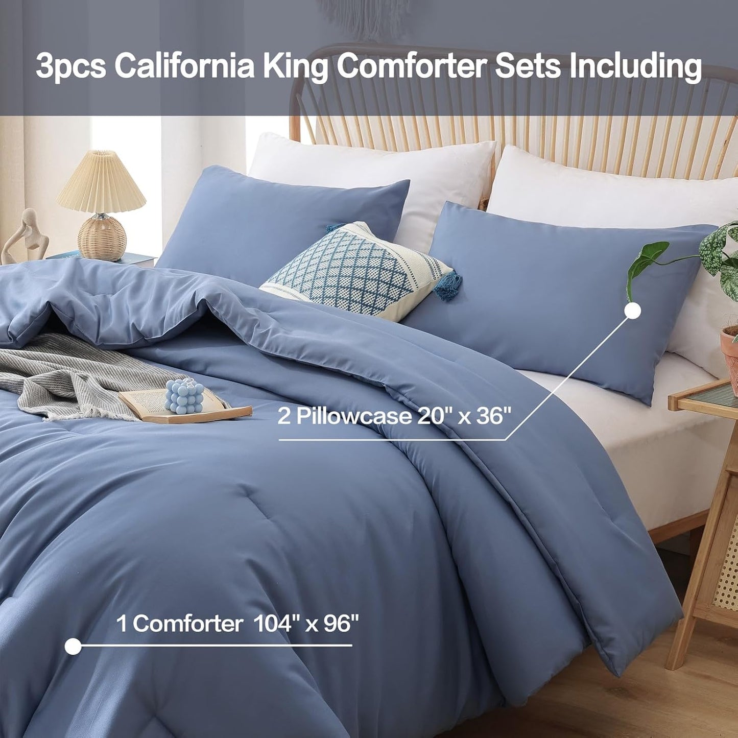 ROSGONIA California King Comforter Set Slate Blue, 3pcs (1 Boho Blue Cal King Comforter & 2 Pillowcases) All Season Lightweight Bedding Blanket Quilt