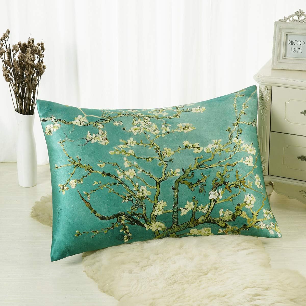 ALASKA BEAR Luxury Silk Pillowcase for Beauty Sleep, Genuine 22 Momme Mulberry Silk Pillow Case Slip for Room Decor, Cherry Blossom Floral Pattern Printed, Queen Size (1pc, Gift Box)