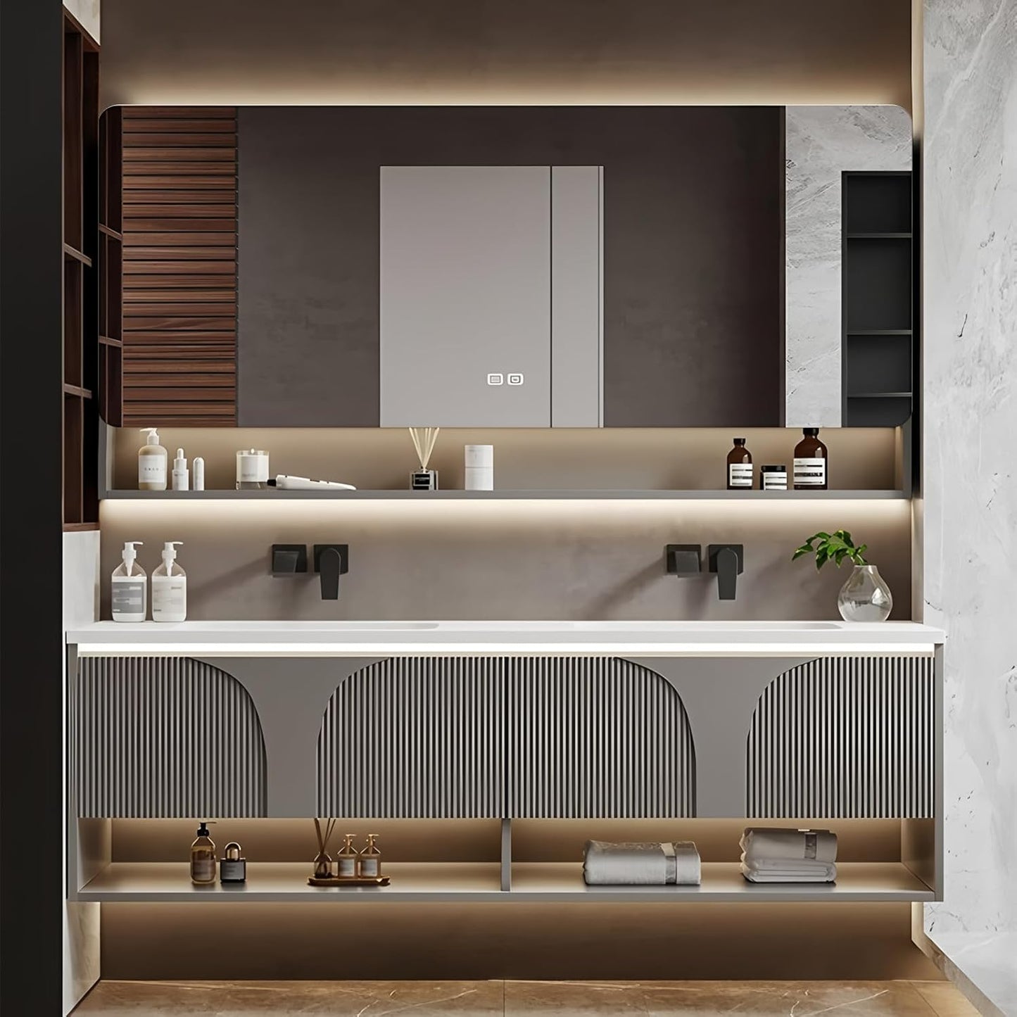 Double Bathroom Vanity with Sink, 80IN Floating Bathroom Vanity Set with Smart Defogging Mirror Cabinet and Open Shelf, Oak Wood Bathroom Cabinet with Two Drawers and Bottom Open Storage (Grey)