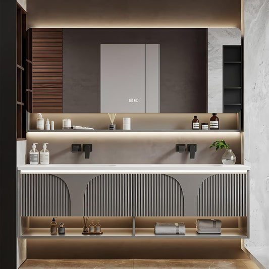 Double Bathroom Vanity with Sink, 80IN Floating Bathroom Vanity Set with Smart Defogging Mirror Cabinet and Open Shelf, Oak Wood Bathroom Cabinet with Two Drawers and Bottom Open Storage (Grey)