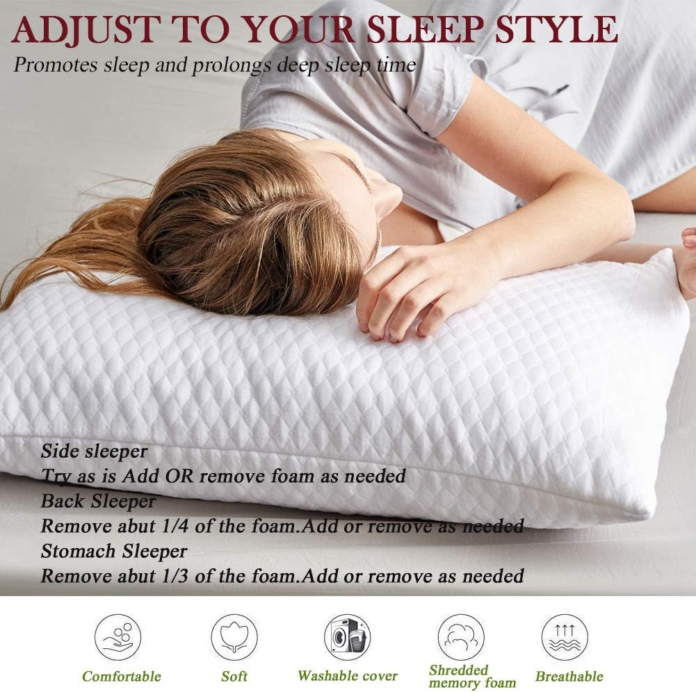 NTCOCO Pillow, Shredded Memory Foam Bed Pillows for Sleeping, with Washable Removable Cooling Hypoallergenic Sleep Pillow for Back and Side Sleeper, King (1-Pack)