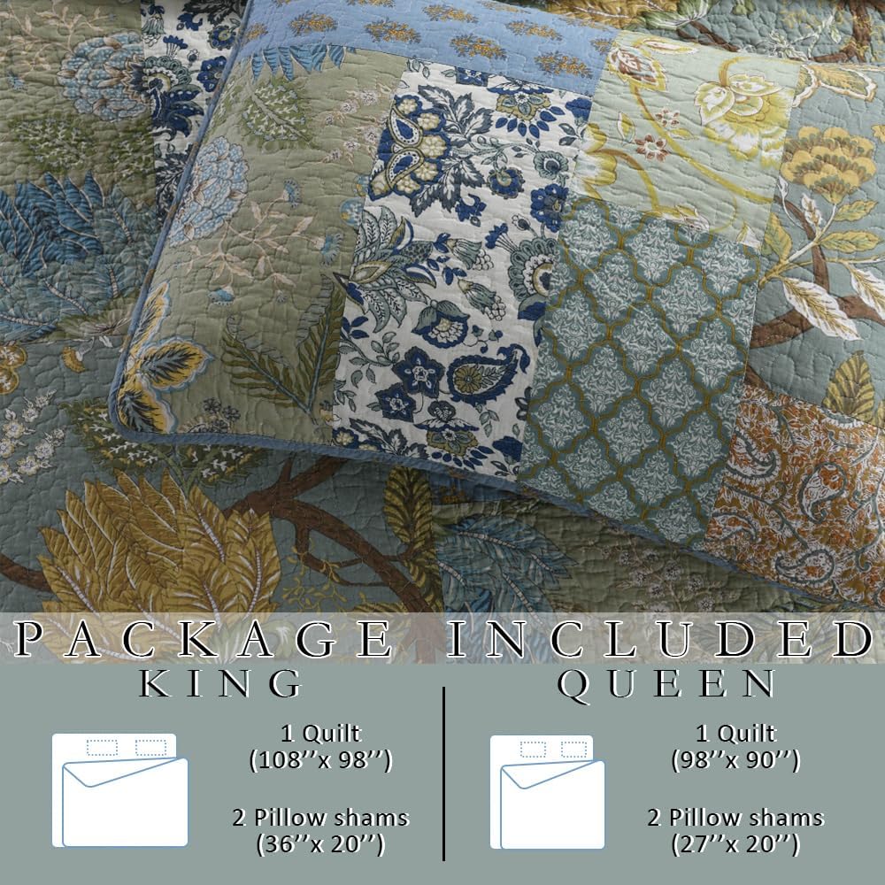 Cotton Bedspread Bedding Coverlet Quilt Sets, Reversible Vintage Branch Floral Bedspread comforters, (Rustic Sage Green Patchwork Pattern, Queen Size)
