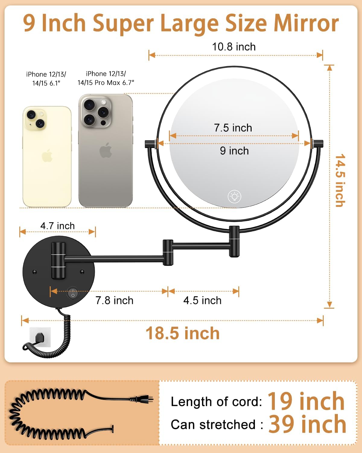 Benbilry 9" Large Wall Mounted Lighted Makeup Mirror, 1X/10X Magnifying Double-Sided AC Pulg-in Powered Bathroom Mirror with 3 Color Lights, Touch Dimmable, Extended Arm 360 Rotation, Black
