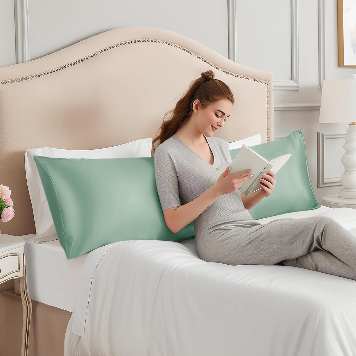 INFIIXSO Body Pillow Cover with Zipper, Luxury Mulberry Silk Body Pillow Case 20x54 Inches, Ultra Smooth and Soft Cooling Long Pillowcase, Gift for Women, Men(Mint Green)