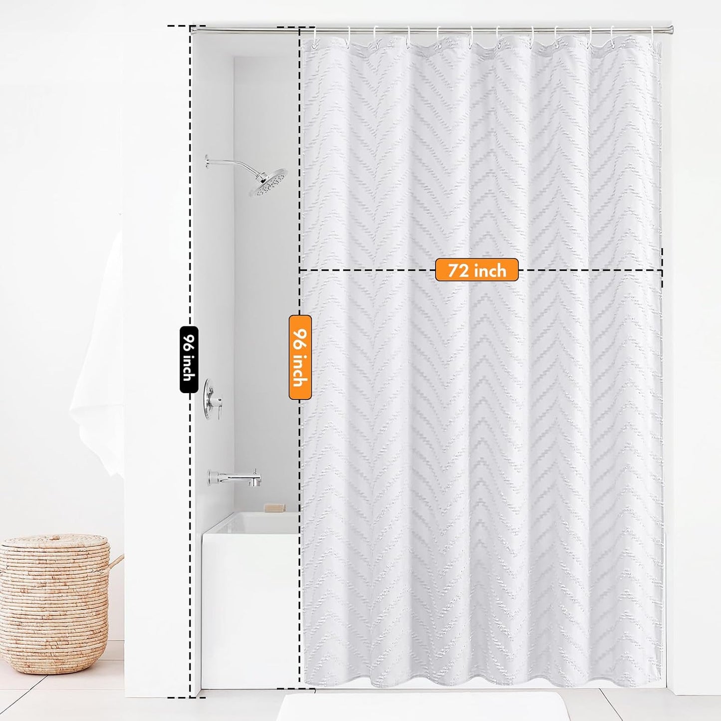 96inche Extra Long Shower Curtains 72 x 96 Inches White Tufted Chevron Striped Fabric Shower Curtains for Bathroom Modern Shabby Chic Waterproof Cloth Shower Curtain, White