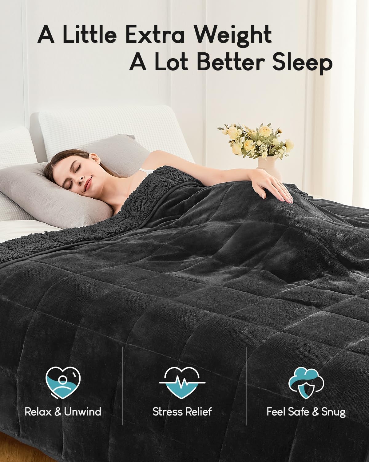 Cottonblue Weighted Blanket 15lbs 80x87 Inches for Queen King Size Bed, Ultra Soft Sherpa Weighted Throw Blankets for Relax and Sleep, Cozy Comfort Heavy Bed Blankets with Cemaric Beads, Black