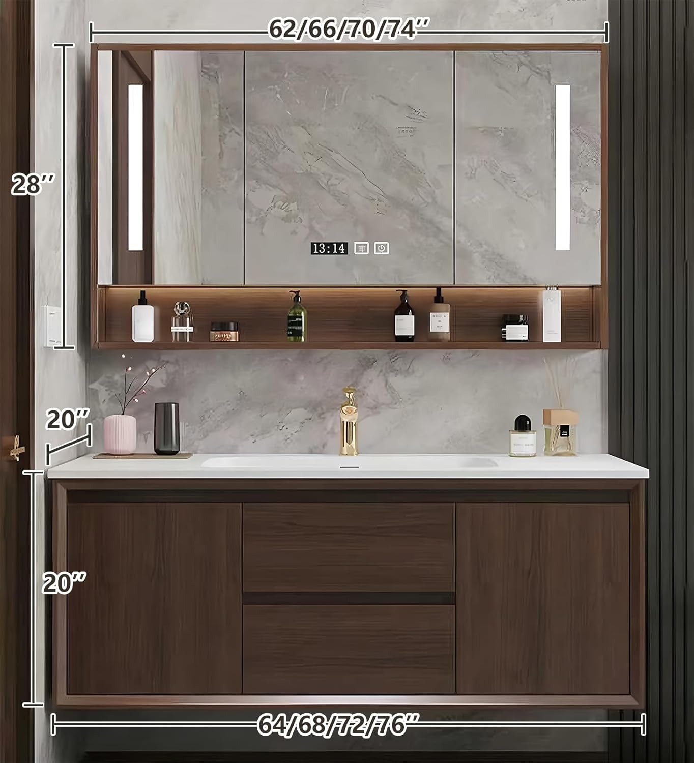 Bathroom Sink Vanity 76Inch, Floating Bathroom Vanity with LED Smart Defogging Mirror Cabinet and Open Shelf, Multi-Layer Solid Wood Bathroom Furniture Cabinet, Wall Mount Installation (Walnut)