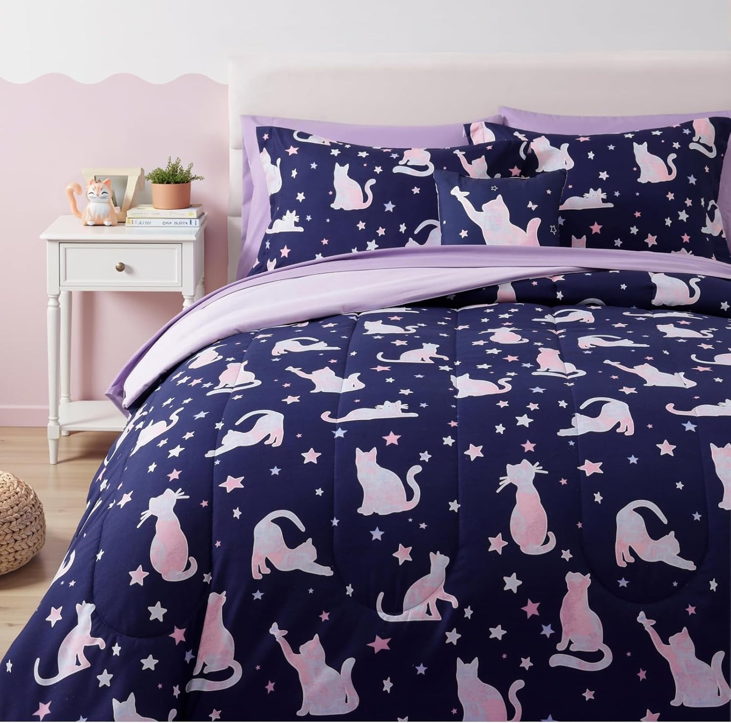 Twin Comforter Set for Girls -3 Pieces Cute Cat Twin XL Bedding Set with 1 Comforter, 1 Decor Pillow, 1 Pillow Sham