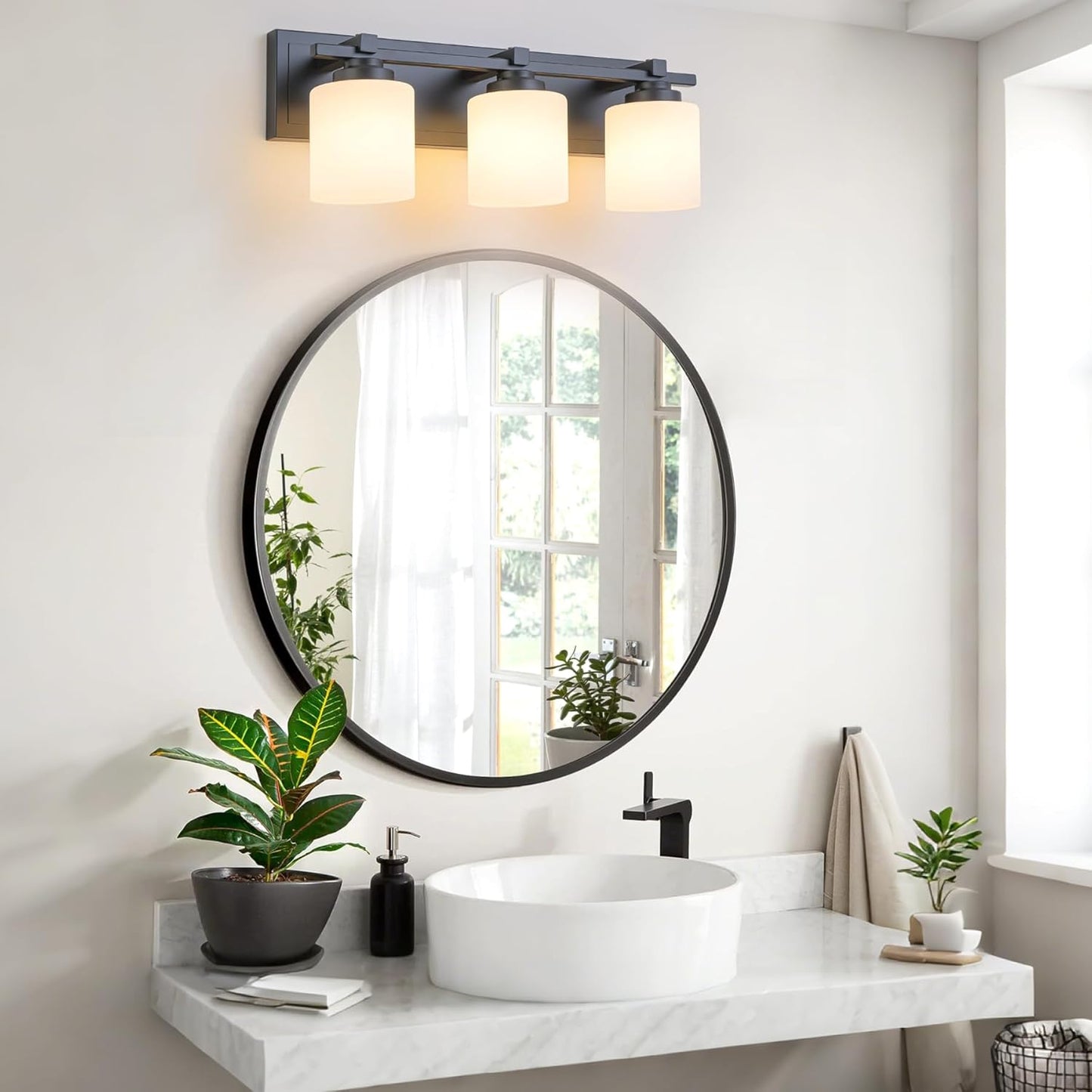 3 Light Modern Bathroom Light Fixtures Over Mirror, Black Vanity Lights for Bathroom Wall Sconces with Milky White Glass Shades, E26 Socket (Bulbs Not Included)
