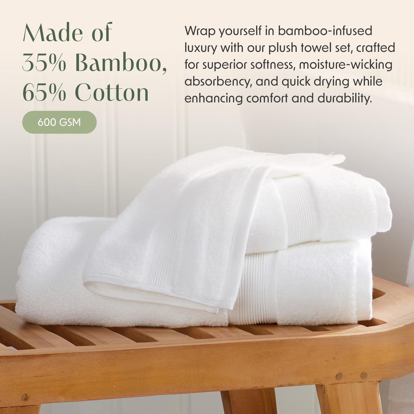Springtree Home Luxury Bamboo Rayon Bath Towel Set 6 Piece Set | 35% Bamboo Rayon - 65% Zero Twist Cotton | Absorbent Quick-Dry Towels for Bathroom | Oeko-TEX Standard 100 Cotton | White