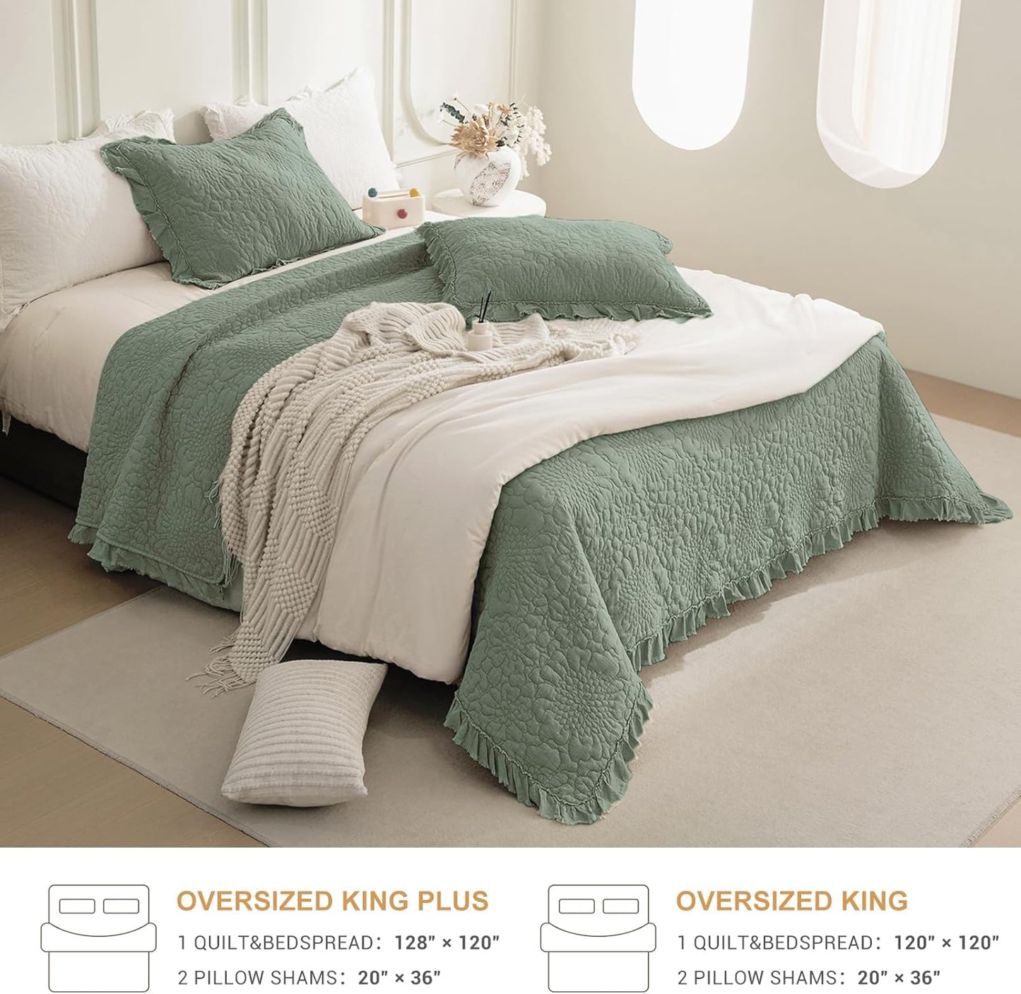 QSH Olive Green Stonewashed Cotton Oversized King Quilt Bedspread Set(128"x120"),3PCs Farmhouse Ruffled Bedspread California King,Ultra Soft Lightweight Crinkled Quilt Coverlet Set with Pillow Shams