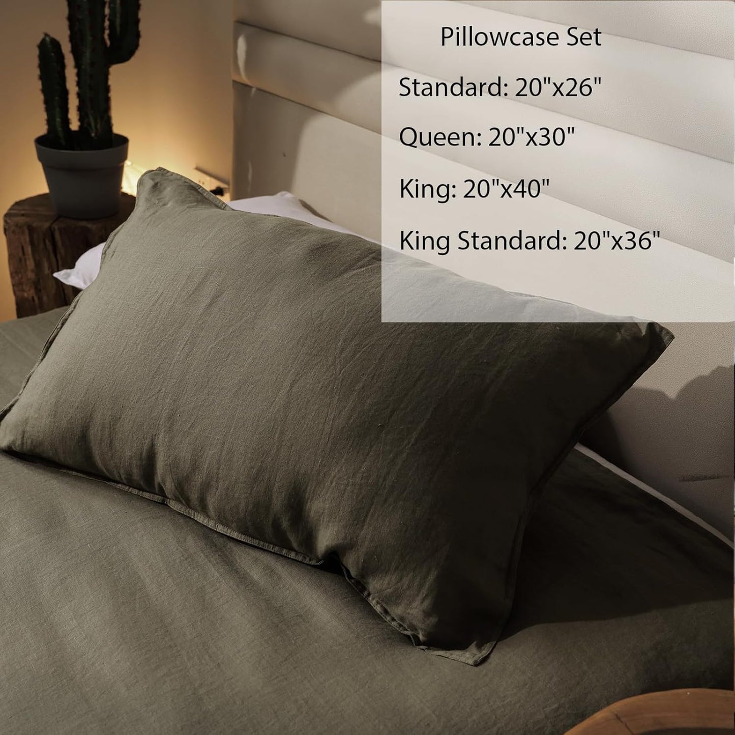 XZ XIFA Standard Pillowcases - 2 Pack - Envelope Closure - 100% Natural Washed French Flax, Breathable, Durable, Textured Pillow Covers 20"x26"(Standard, Olive Green)
