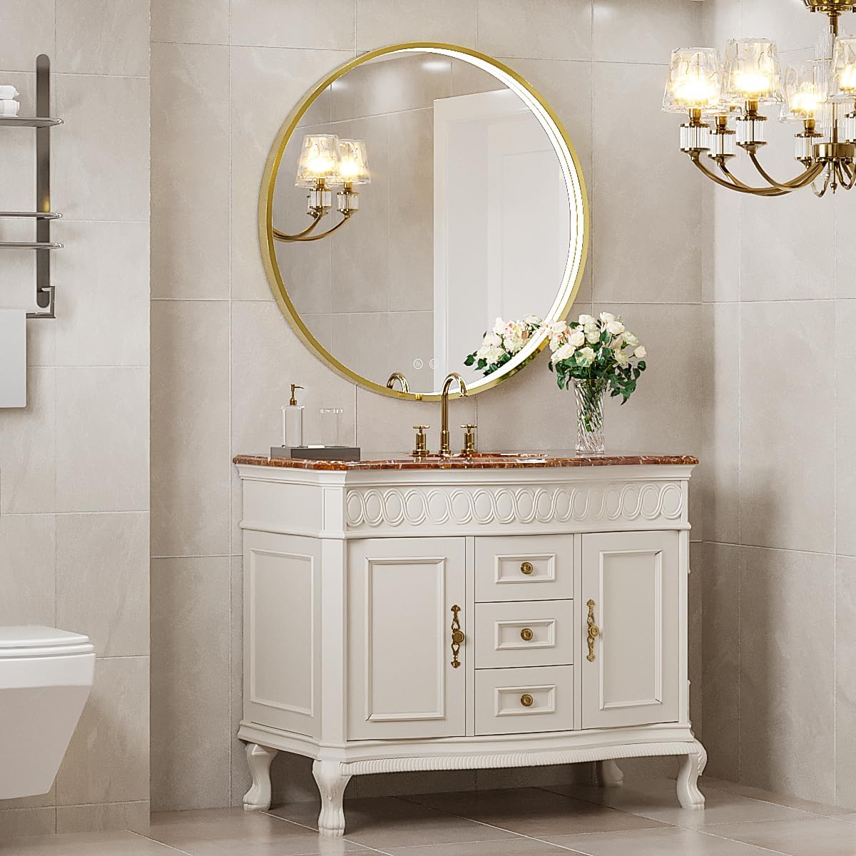 32" Round LED Bathroom Mirror, Dimmable Anti-Fog Vanity Mirror with Touch Control, 6000K Natural Light, Gold Metal Frame, Wall Mounted for Makeup Shaving (IP54, 90+ CRI)