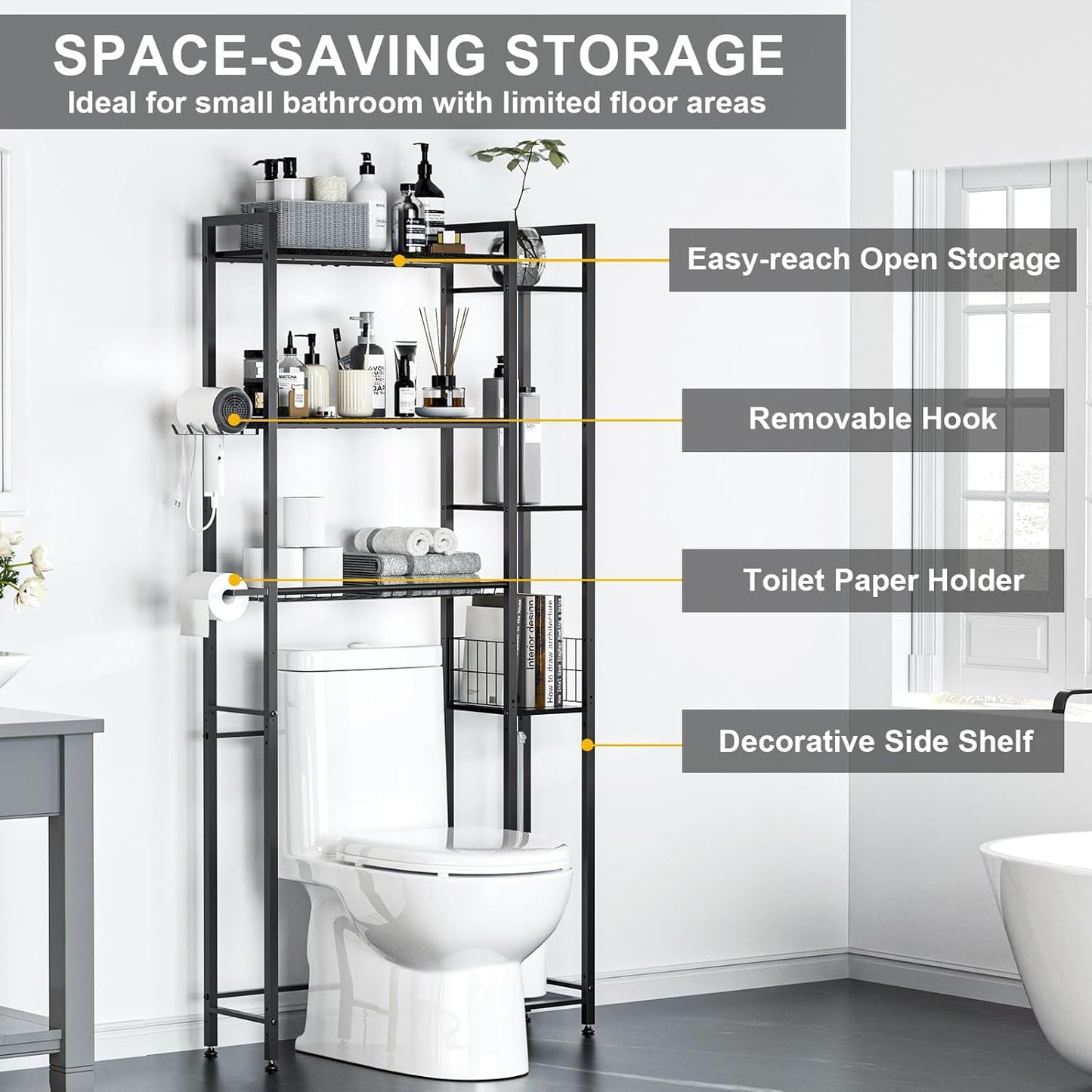 31.5" Wide Over The Toilet Storage, Solid Wood Over Toilet Bathroom Organizer with Paper Holder, Hooks, Side Shelf, 7-Tier Metal Over Toilet Shelves Rack for Laundry, Dorm Room, Balcony, Black