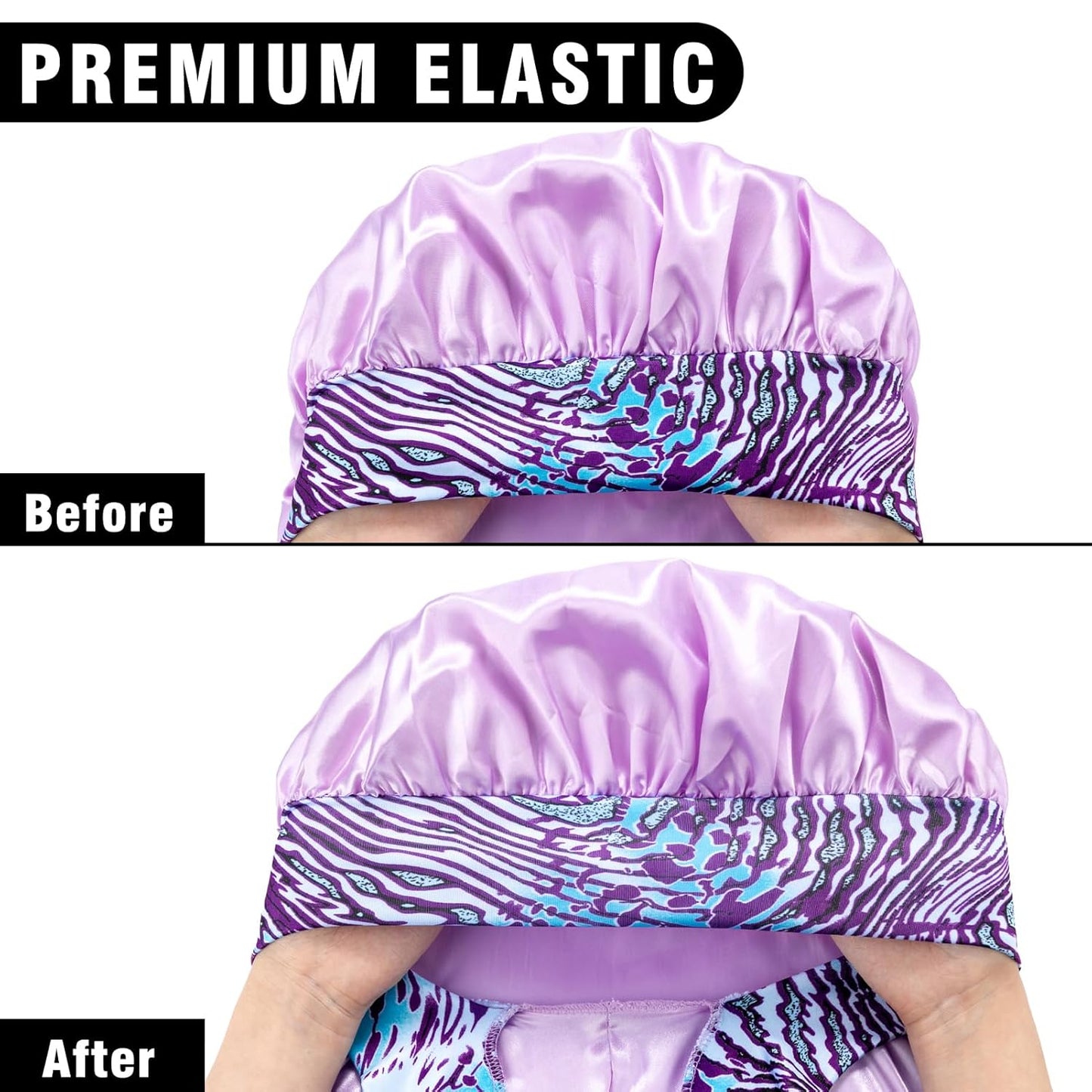 2Pcs Bonnets for Black Women Braid Bonnet, Large Long Satin Silk Bonnet for Braids,Black Women Braid Bonnet with Stretchy Tie Band for Sleeping Extra Long (Black&Light Purple Pattern