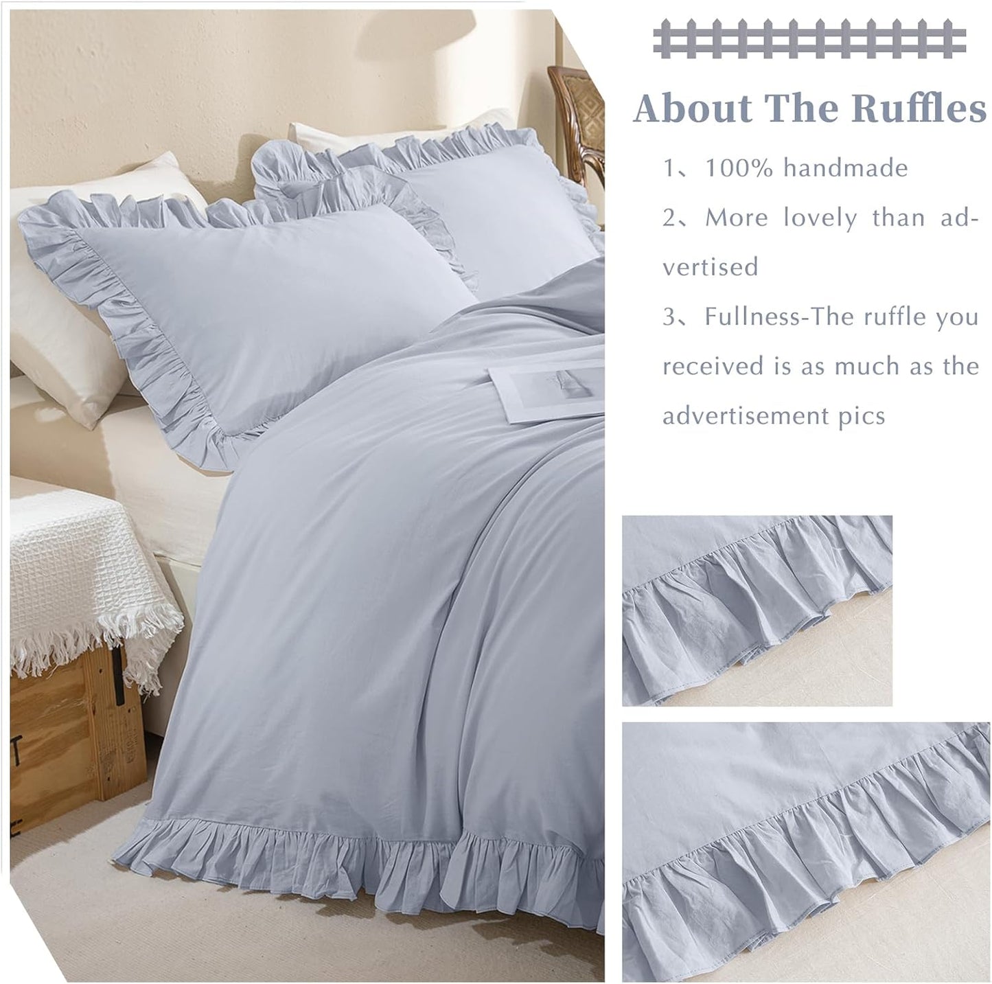 QSH Ruffle Duvet Cover Queen Size Washed Cotton,3pc Linen Feel Farmhouse Shabby Vintage Ruffled Bedding Set French Country Rustic Cornflower Blue Comforter Cover Aesthetic Soft Quilt Cover Set