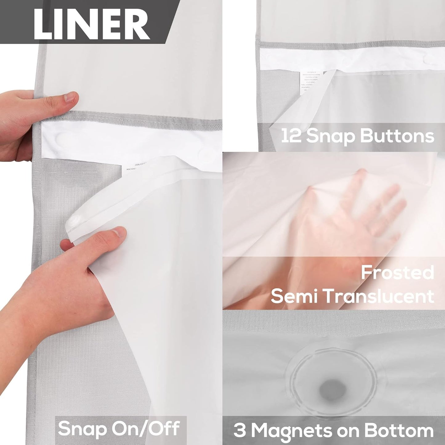 River Dream No Hook Slub Textured Shower Curtain with Snap-in PEVA Liner Set - 71" x 74"(72"), Hotel Style with See Through Top Window, Machine Washable & Water Repellent, Gray, 71x74