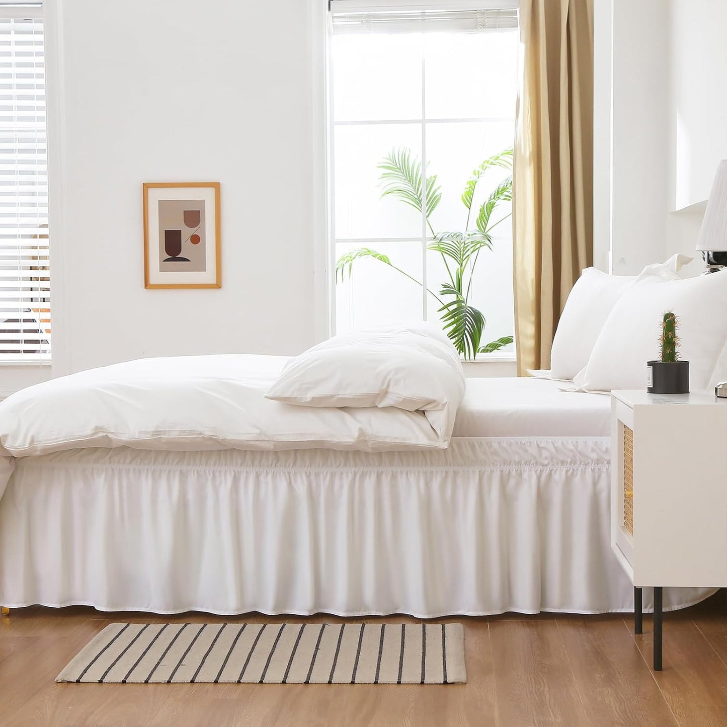 MEILA Wrap Around Bed Skirt Three Fabric Sides Elastic Dust Ruffled 14 Inch Tailored Drop,Easy to Install Fade Resistant-Natural White, Queen/King