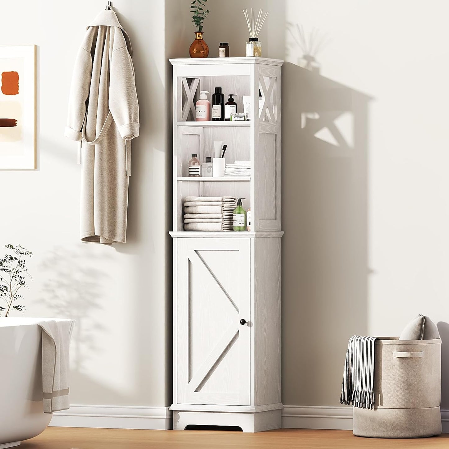 Tall Bathroom Storage Cabinet with Door and Open Adjustable Shelves, 60.9" H Wooden Tower Corner Narrow Farmhouse Cabinet, Freestanding Organizer for Kitchen, Entryway White